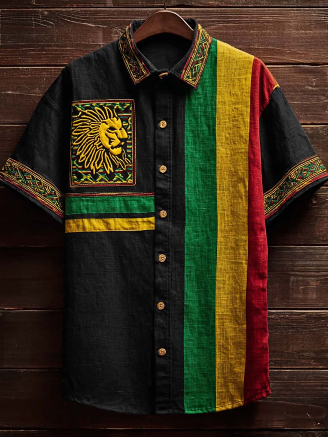 Herren-Retro-Reggae-Freizeithemd mit Farbblock-Design und kurzen Ärmeln