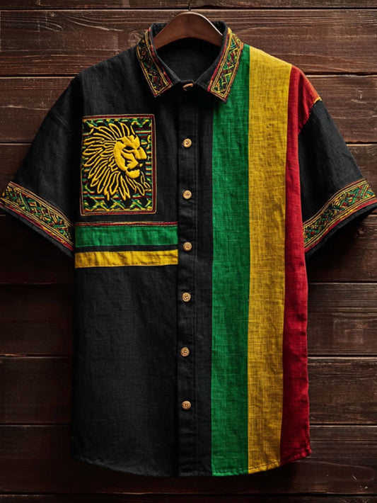 Herren-Retro-Reggae-Freizeithemd mit Farbblock-Design und kurzen Ärmeln