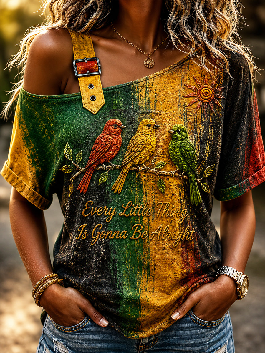 Damen Retro Reggae Abstrakte Kunst Off-the-Schulter-T-Shirt