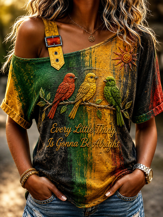 Damen Retro Reggae Abstrakte Kunst Off-the-Schulter-T-Shirt