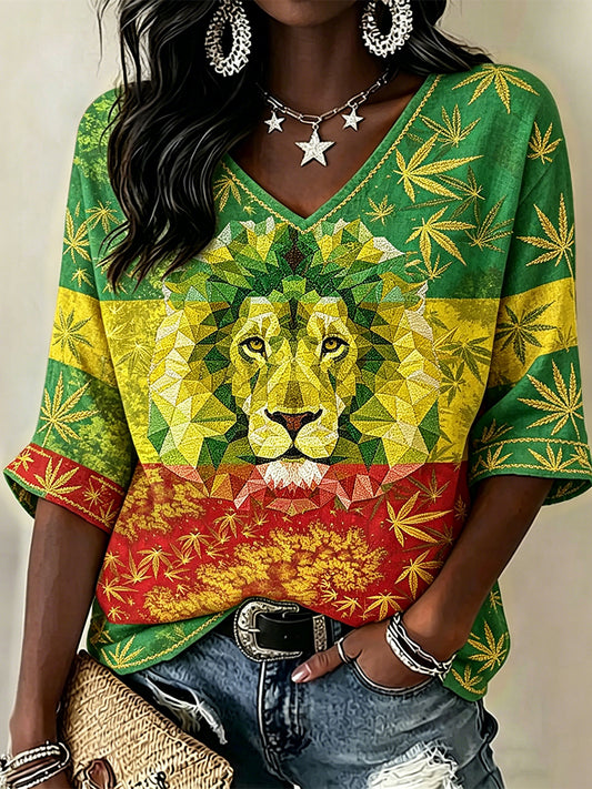 Damen Reggae Lion Rasta Farben druck Leinen Kurzarm T-Shirt