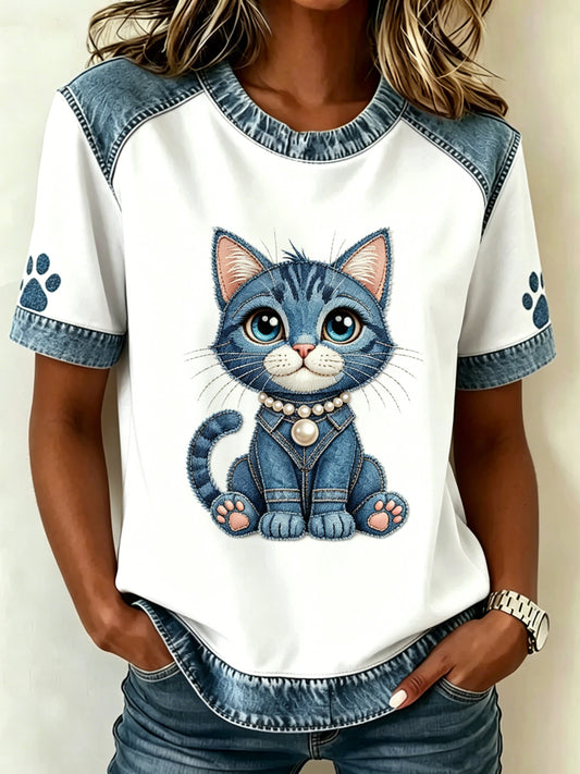 Damen-T-Shirt mit tierischem Katzen-Print, im Vintage-Stil, modisch, locker geschnitten, mit kurzen Ärmeln