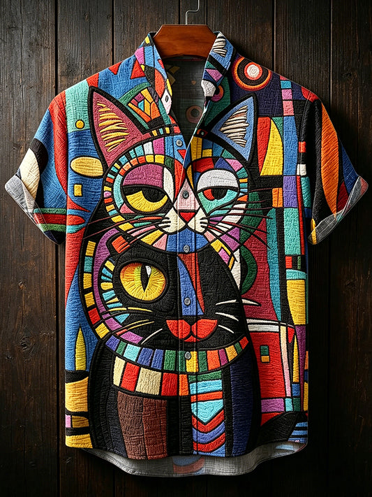 Herrenhemd im Vintage-Stil mit abstraktem geometrischem Tiermuster, Stehkragen und kurzen Ärmeln