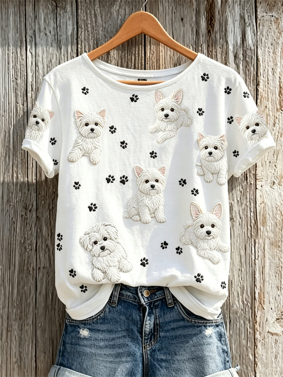 Frauen Malteser Hunde & Pfoten Drucke Muster Print Kurzarm T-Shirt