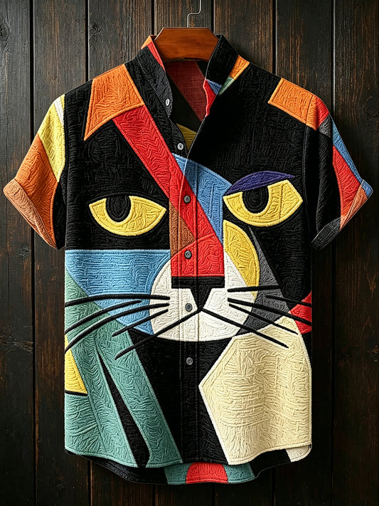 Herrenhemd im Vintage-Stil mit abstraktem geometrischem Tiermuster, Stehkragen und kurzen Ärmeln