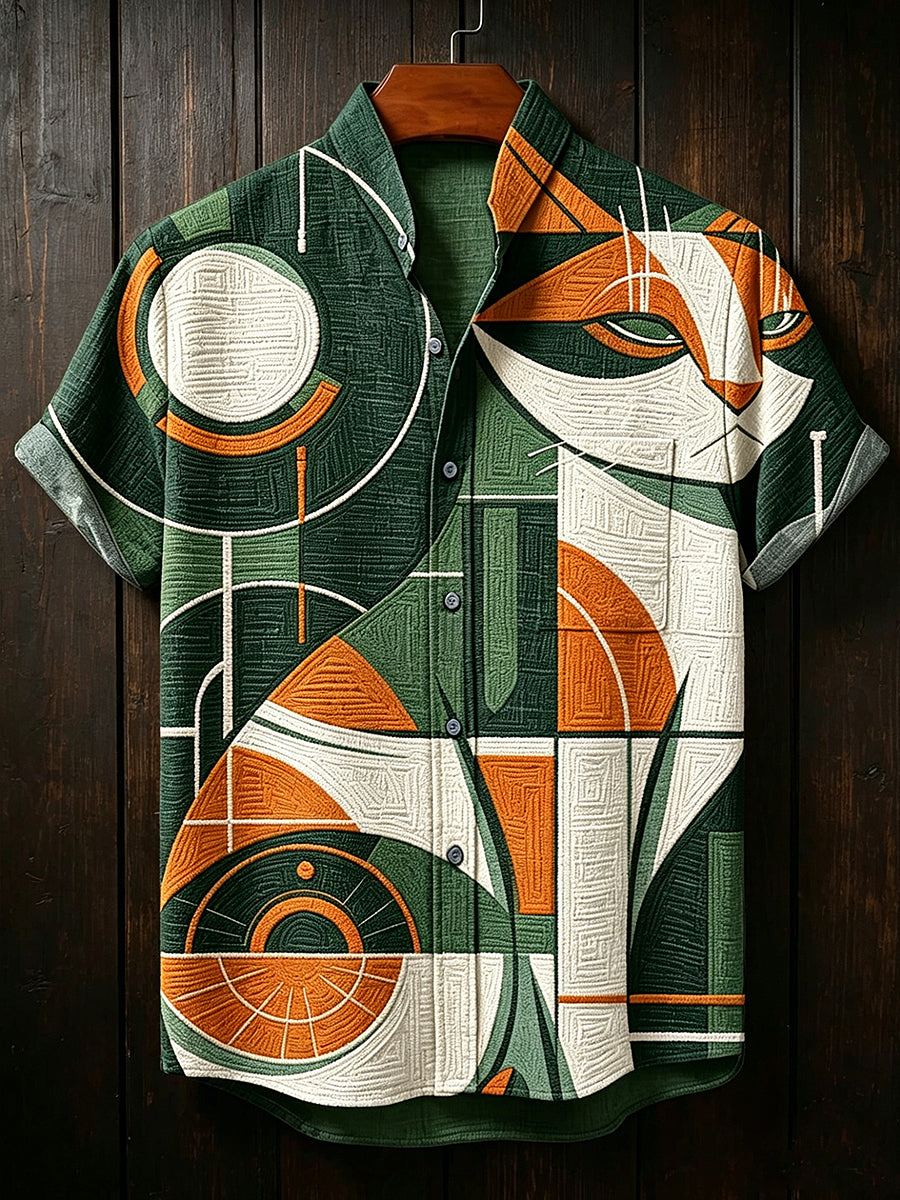 Herrenhemd im Vintage-Stil mit abstraktem geometrischem Tiermuster, Stehkragen und kurzen Ärmeln