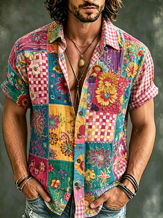 Herren-Hippie-Stil Retro-Muster bedrucktes Kurzarm-Shirt