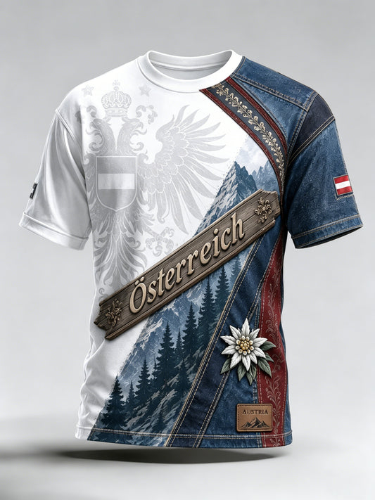 Herren-T-Shirt mit Kunstdruck: Österreichische Natur- und Gedenkelemente
