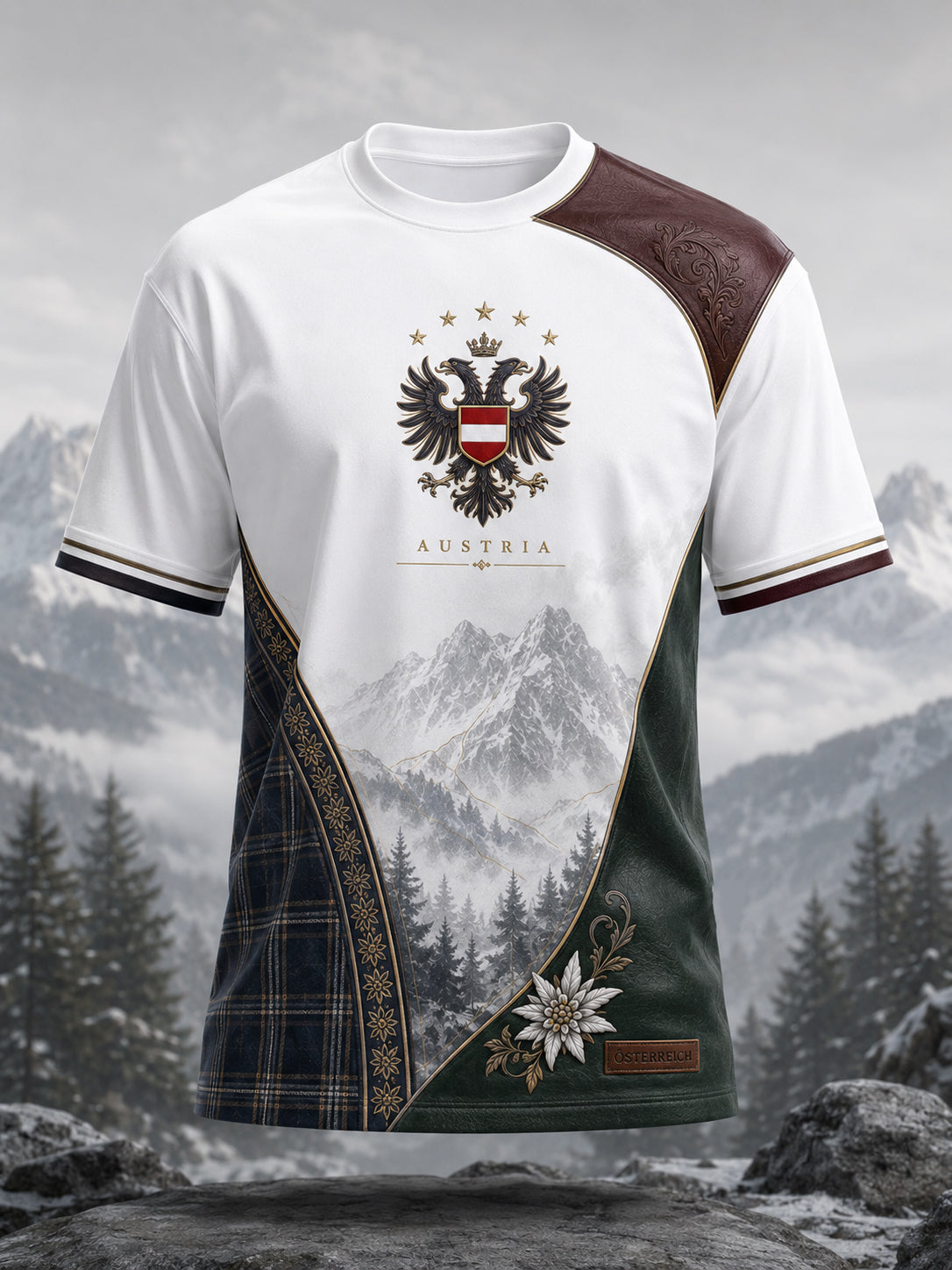Herren-T-Shirt mit Kunstdruck: Österreichische Natur- und Gedenkelemente