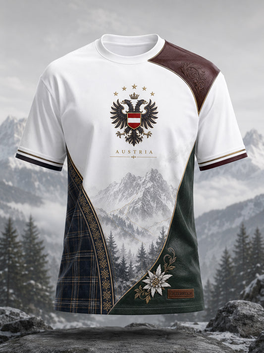 Herren-T-Shirt mit Kunstdruck: Österreichische Natur- und Gedenkelemente