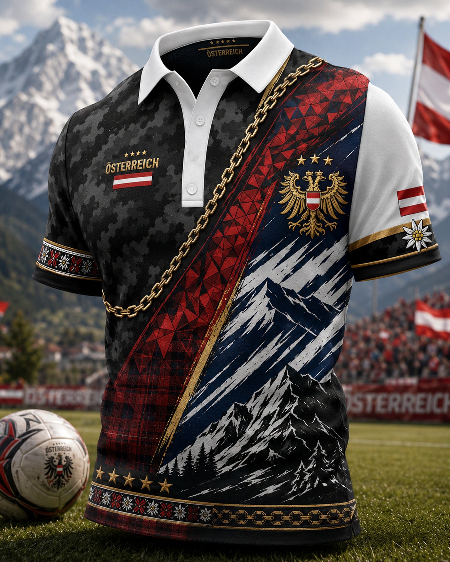 Herren-Poloshirt mit Kunstdruck zum Anfeuern bei österreichischen Fußballspielen