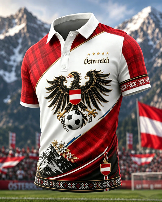 Herren-Poloshirt mit Kunstdruck zum Anfeuern bei österreichischen Fußballspielen