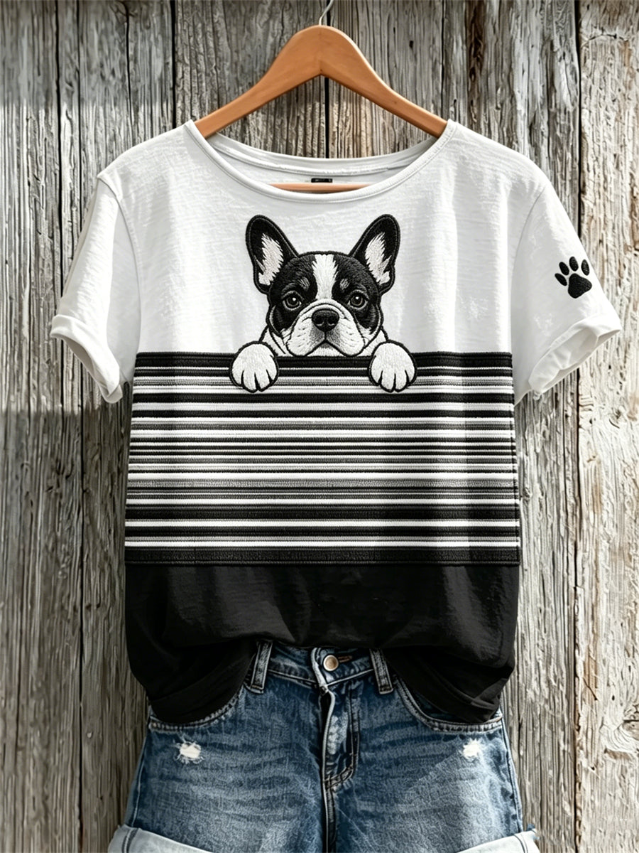 Damen Peeking Bulldog & Paw Print Color block Print Kurzarm T-Shirt