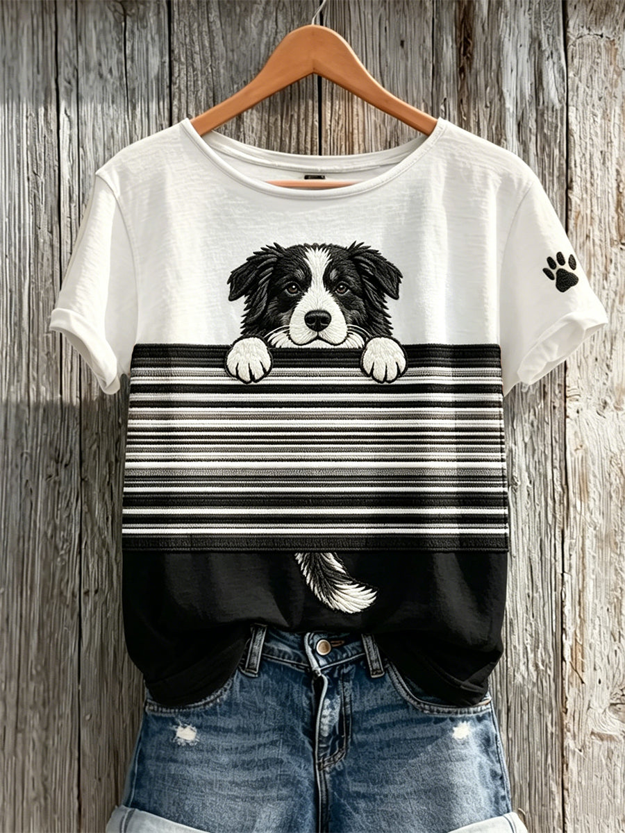 Damen Peeking Border Collie Dog & Paw Print Color block Print Kurzarm T-Shirt