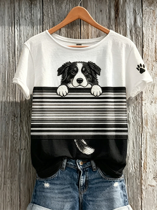 Damen Peeking Border Collie Dog & Paw Print Color block Print Kurzarm T-Shirt