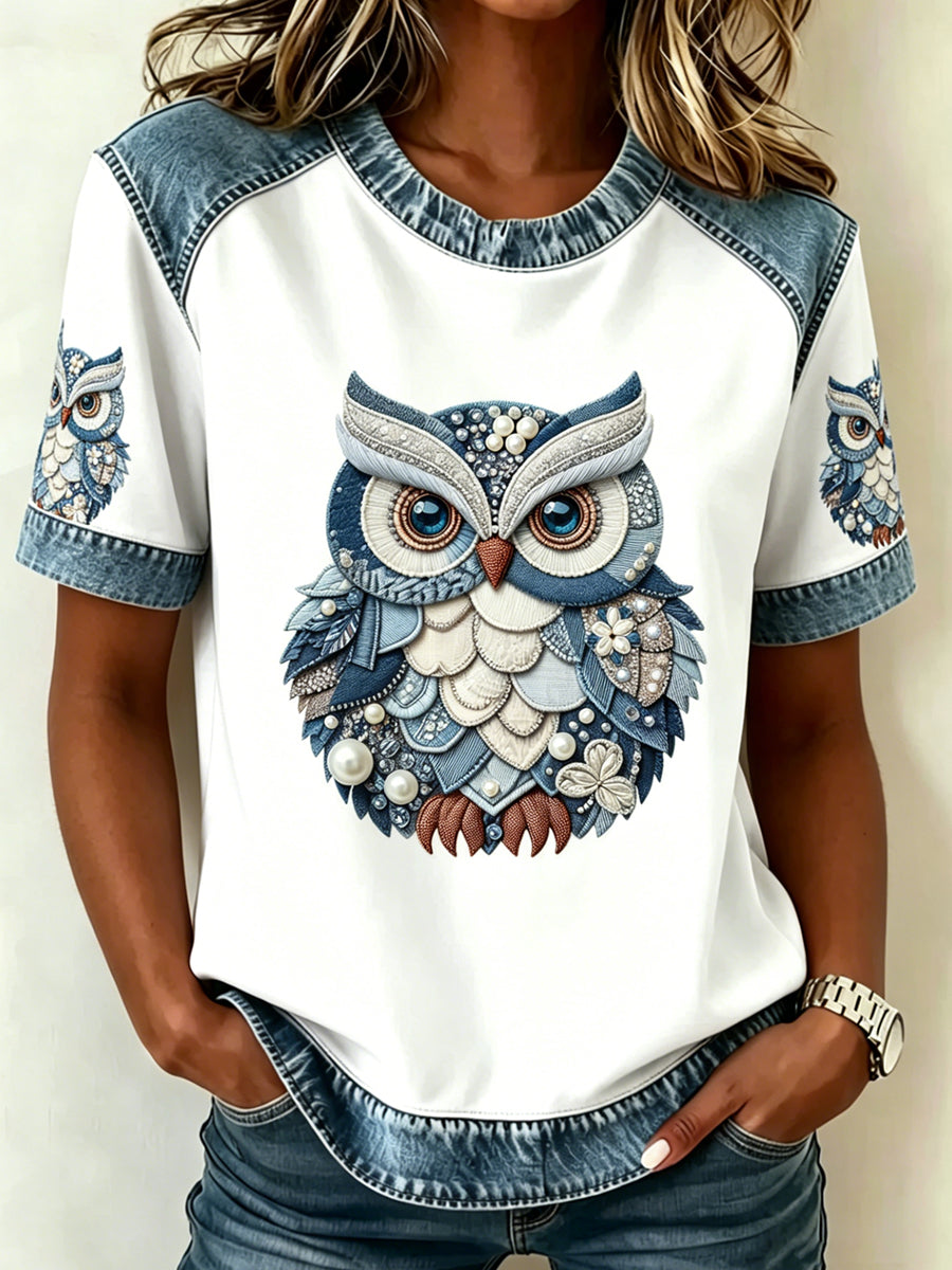 Damen-T-Shirt mit Tier- und Eulenmuster, im Vintage-Stil, modisch, locker geschnitten, kurze Ärmel