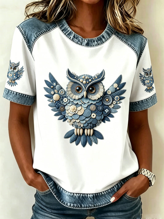 Damen-T-Shirt mit Tier- und Eulenmuster, im Vintage-Stil, modisch, locker geschnitten, kurze Ärmel