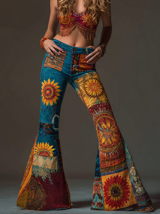 Damen-Hippie-Retro-Print-Schlag-lange Hosen
