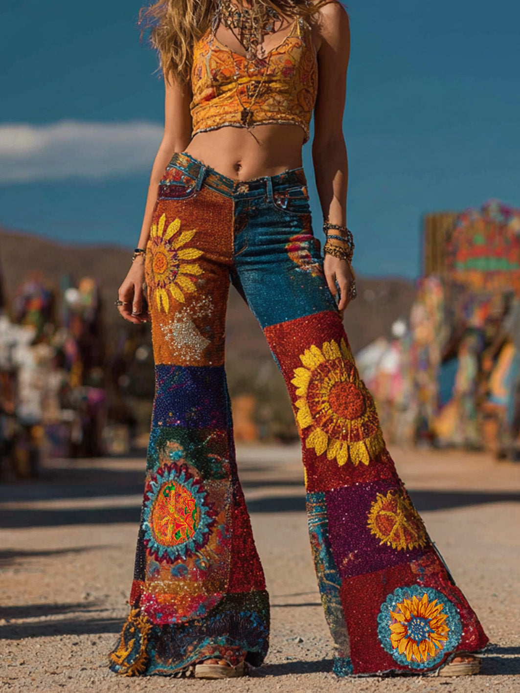 Lang geschnittene, ausgestellte Damen-Hippie-Hose mit Retro-Print und figurbetonter Passform