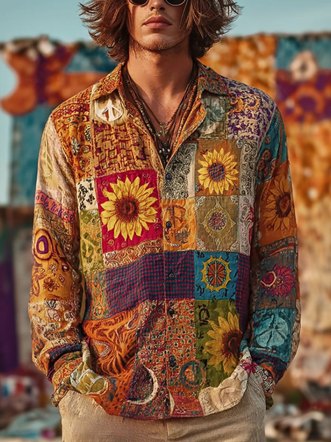 Herren-Hippie-Stil Retro-Muster bedrucktes Langarm-Shirt