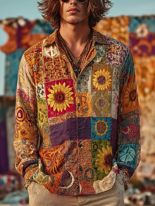 Herren-Hippie-Stil Retro-Muster bedrucktes Langarm-Shirt