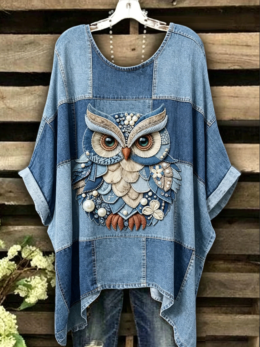 Damen-T-Shirt mit Tier- und Eulenmuster, im Vintage-Stil, modisch, locker geschnitten, kurze Ärmel