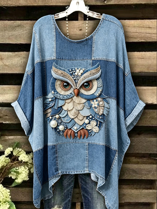 Damen-T-Shirt mit Tier- und Eulenmuster, im Vintage-Stil, modisch, locker geschnitten, kurze Ärmel