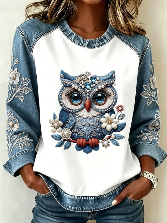 Damen-Tier-Eulen-Print Patchwork-Sweatshirt mit langen Ärmeln