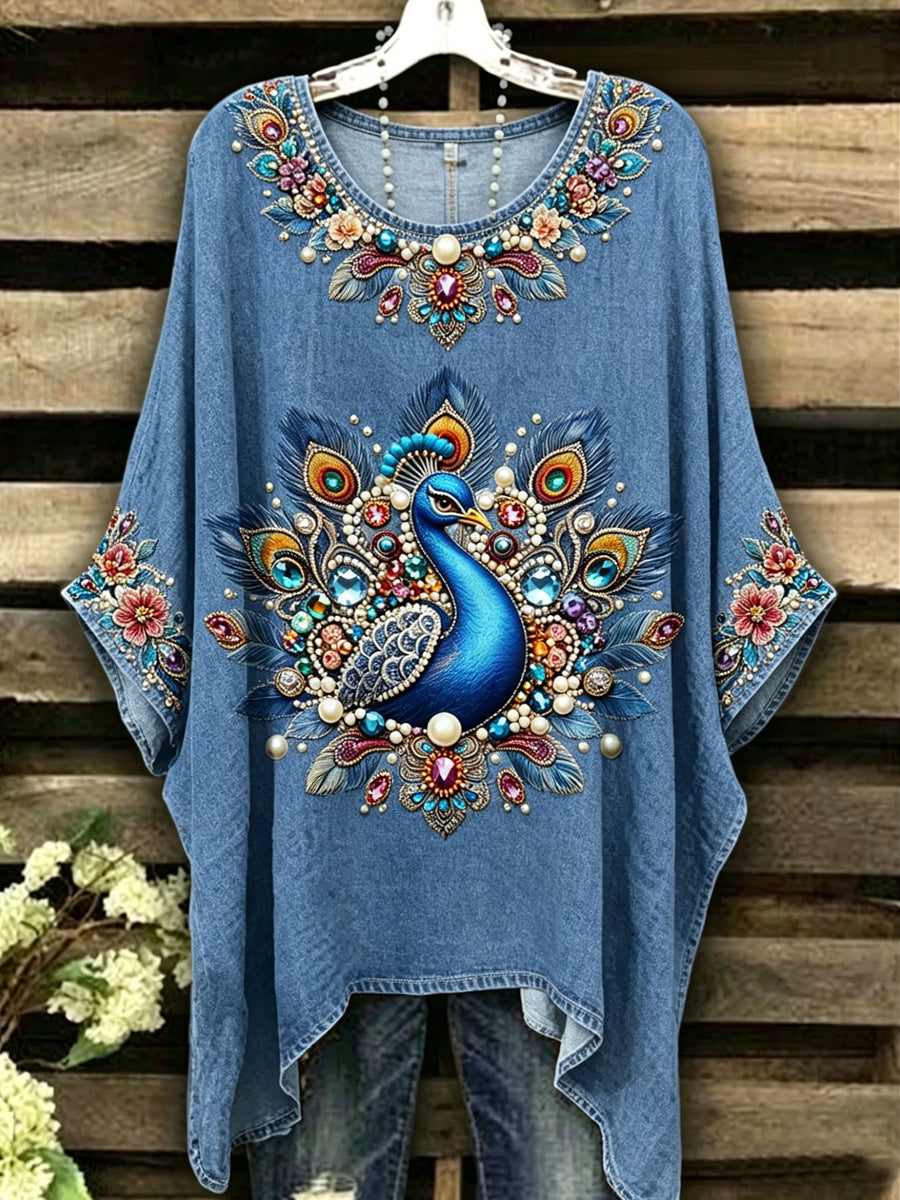 Damen-Tier pfau bedrucktes Vintage-Mode-T-Shirt mit kurzen Ärmeln