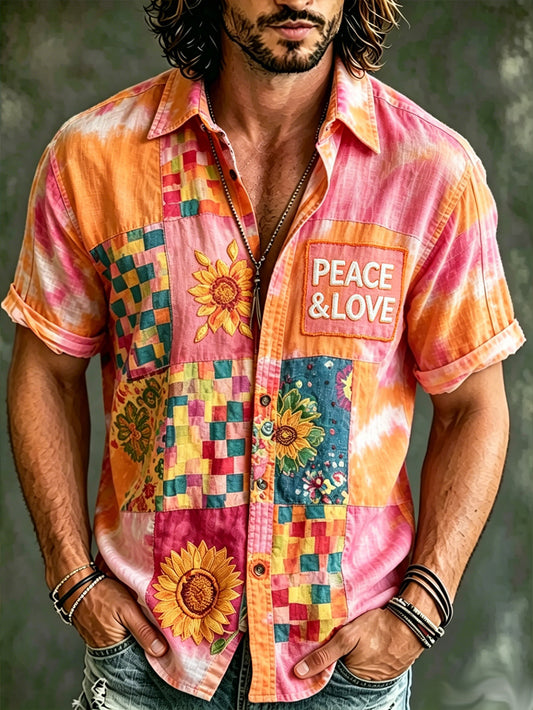 Herren-Hippie-Shirt im Retro-Stil mit aufgedrucktem Muster und kurzen Ärmeln