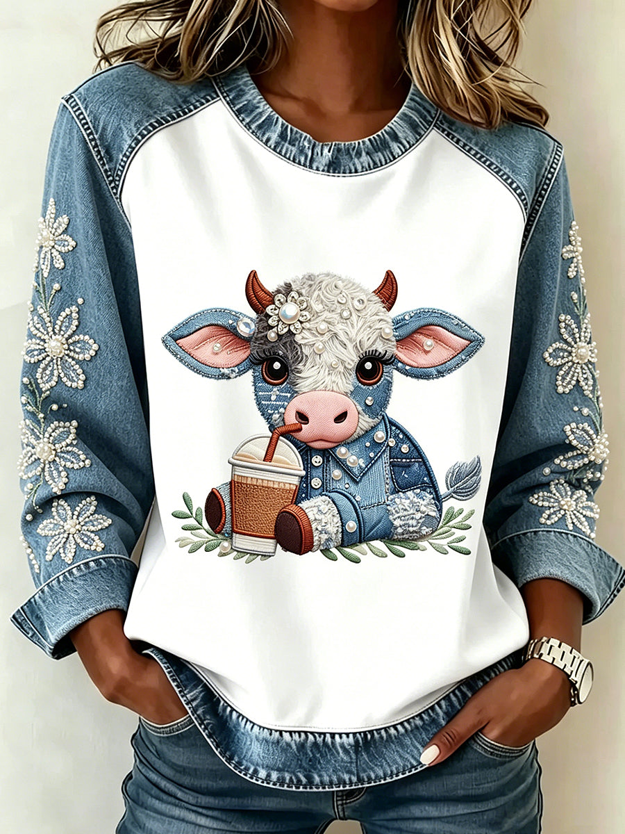 Damen-Tier-Highland-Vieh-Print Patchwork-Sweatshirt mit langen Ärmeln