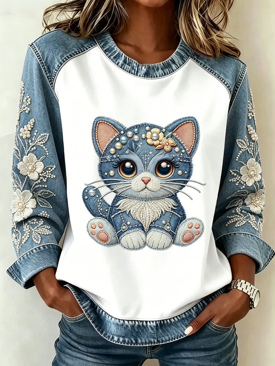Damen Tier Katze Print Patchwork lang ärmel iges Sweatshirt
