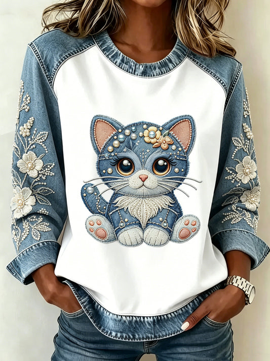 Damen Tier Katze Print Patchwork lang ärmel iges Sweatshirt