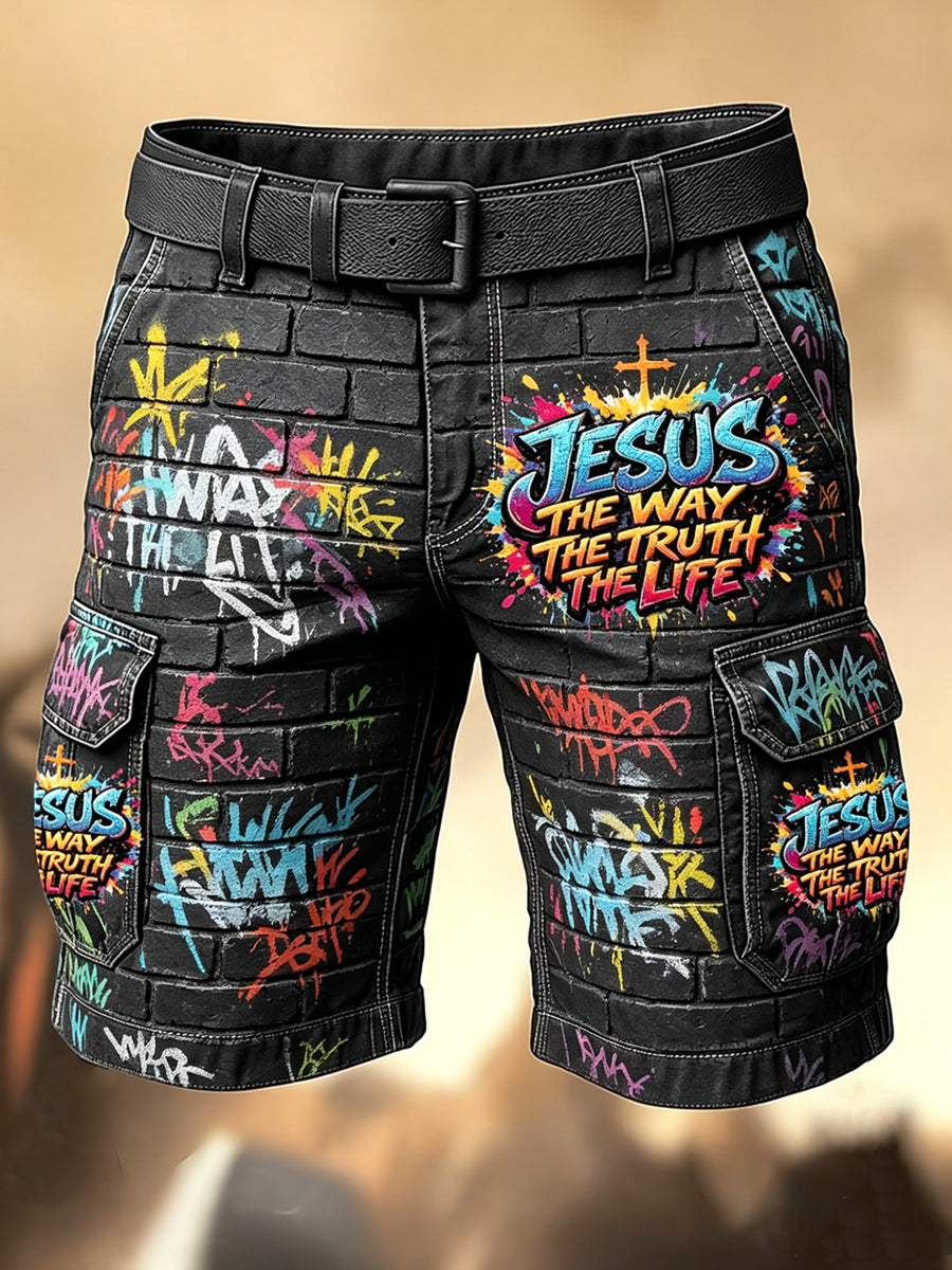 Herren-Retro-Urlaubs-Hose im Business-Stil mit Graffiti- und Jesus‑Kunstdruck, lässige Shorts