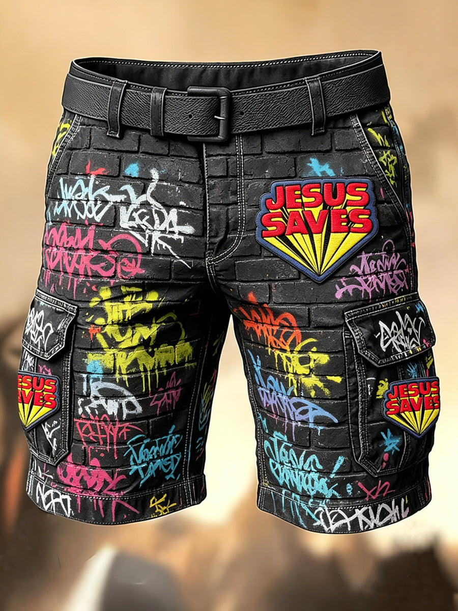 Herren-Retro-Urlaubs-Hose im Business-Stil mit Graffiti- und Jesus‑Kunstdruck, lässige Shorts
