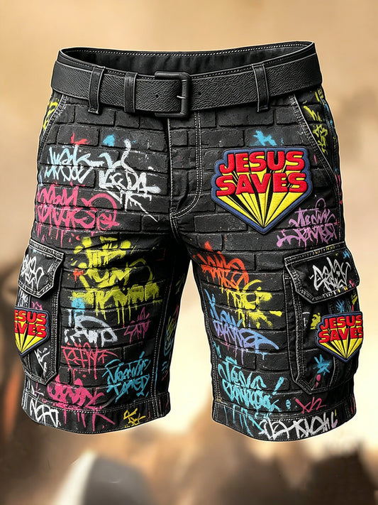 Herren-Retro-Urlaubs-Hose im Business-Stil mit Graffiti- und Jesus‑Kunstdruck, lässige Shorts