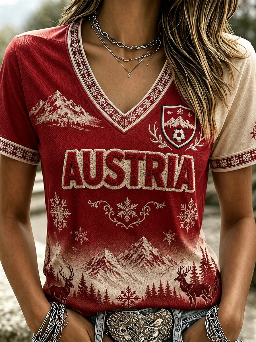 Damen Österreich Fußball Motiv Print Casual V-Ausschnitt T-Shirt