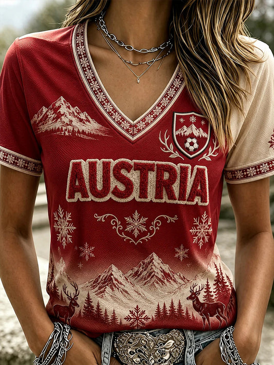 Damen Österreich Fußball Motiv Print Casual V-Ausschnitt T-Shirt