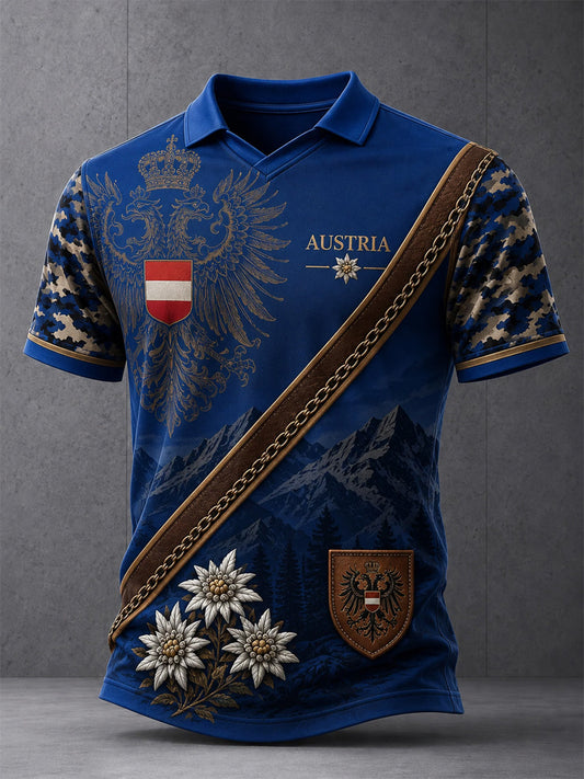 Herren-Polo mit österreichischem Bergmotiv als Kunstdruck, lässig geschnitten