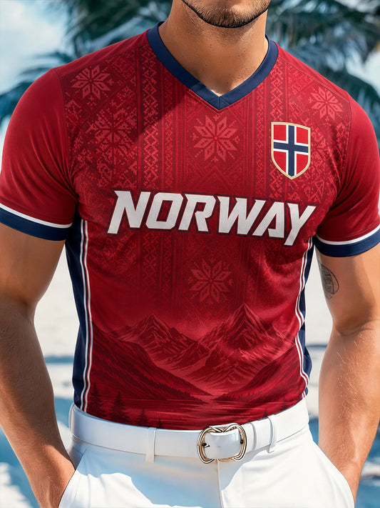 Herren-T-Shirt mit Kunstdruck – norwegisches Fußballspiel und Jubel-Element