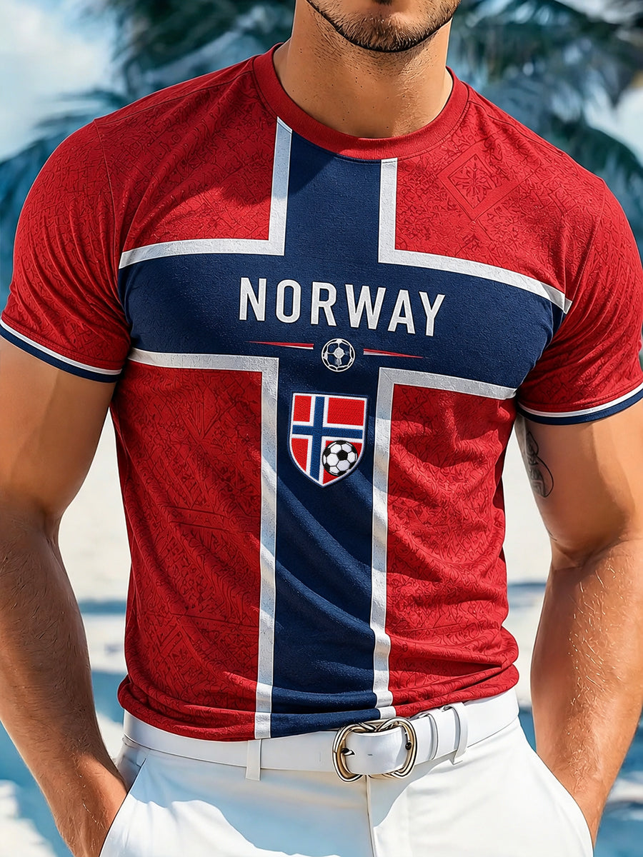 Herren-T-Shirt mit Kunstdruck – norwegisches Fußballspiel und Jubel-Element