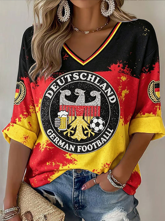 Damen-T-Shirt mit V-Ausschnitt, lässige Mode, Bier- und Deutschlandflaggen-Paillettenprint
