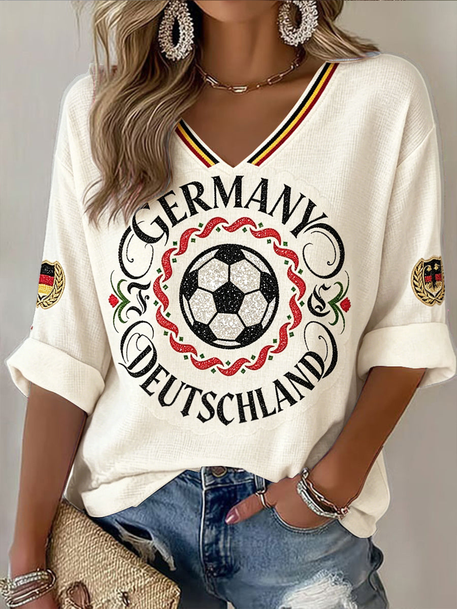 Damen-T-Shirt mit deutschem Fußballmotiv, lässige Mode, V-Ausschnitt