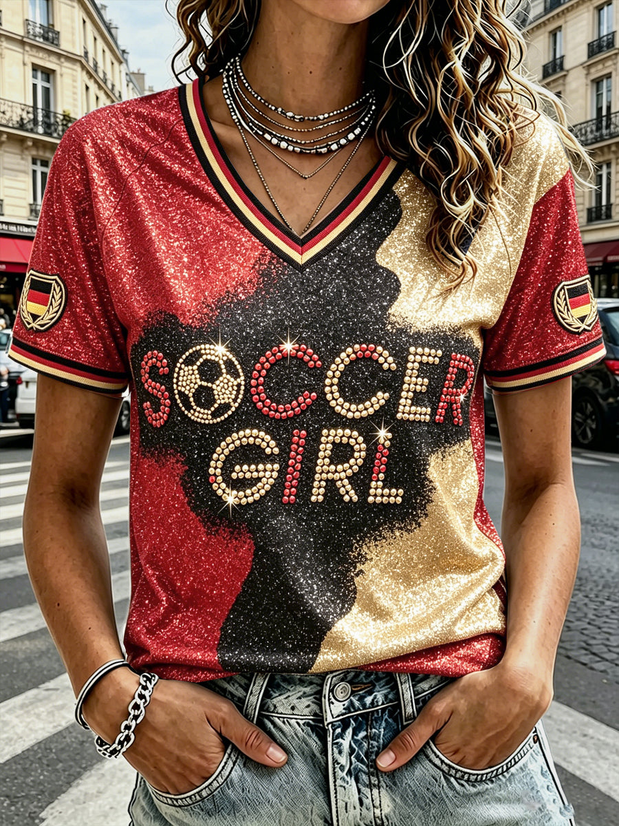 Damen-Retro-Deutschland-Fußball-Paillettenprint lässiges V-Ausschnitt-T-Shirt