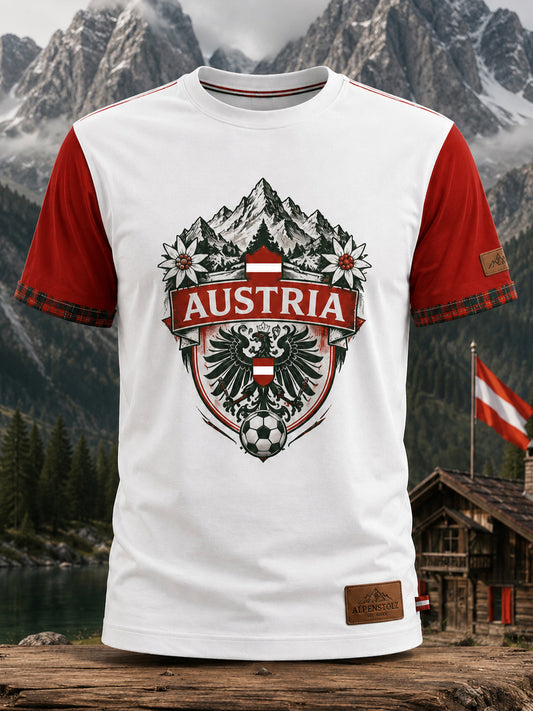 Herren-T-Shirt mit Kunstdruck: Österreichisches Fußballspiel – jubelnder Fan