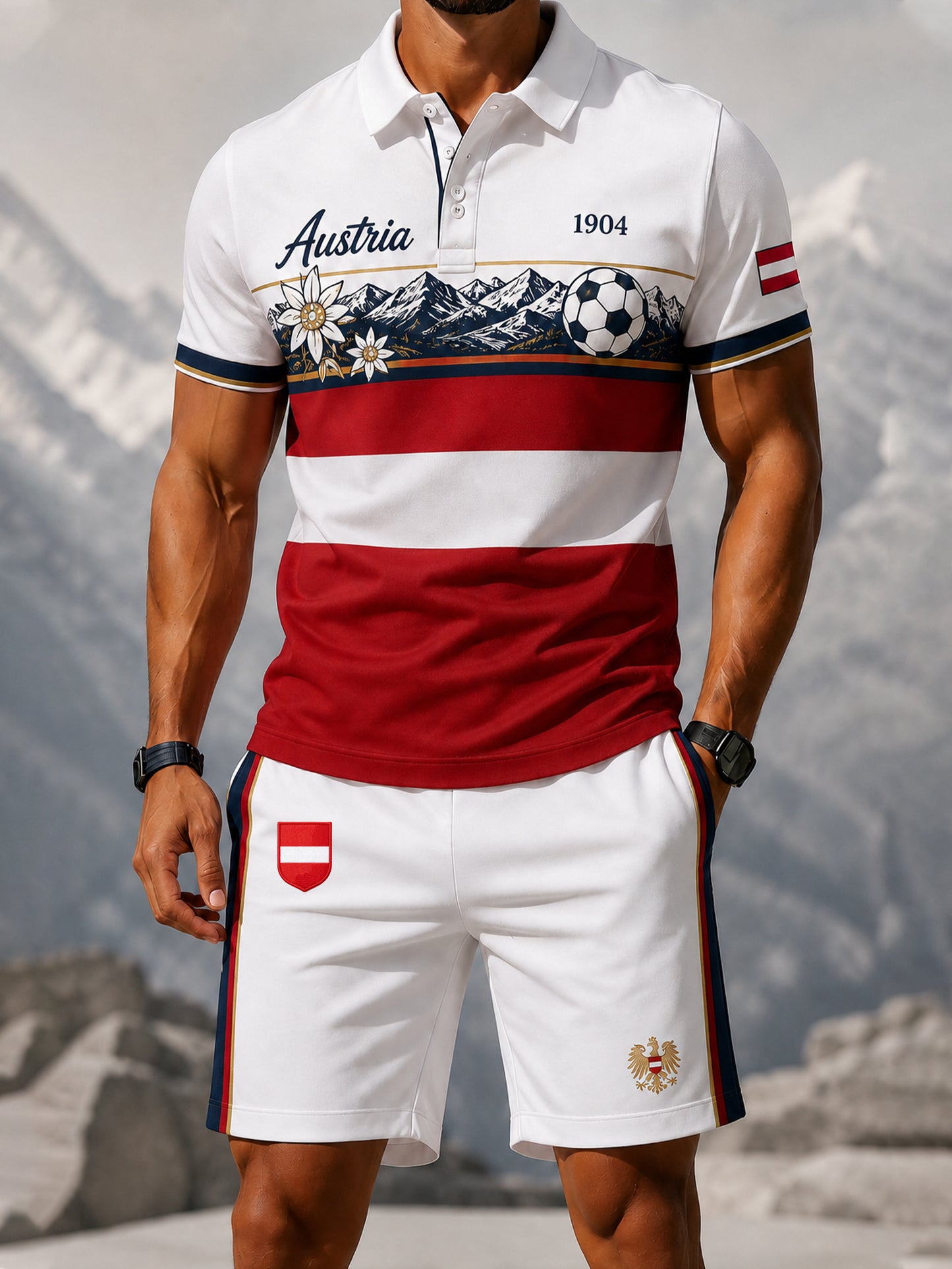 Herren-Österreich-Fußballspiel-Jubel-Fan-Element-Kunstdruck-Polo-Anzug