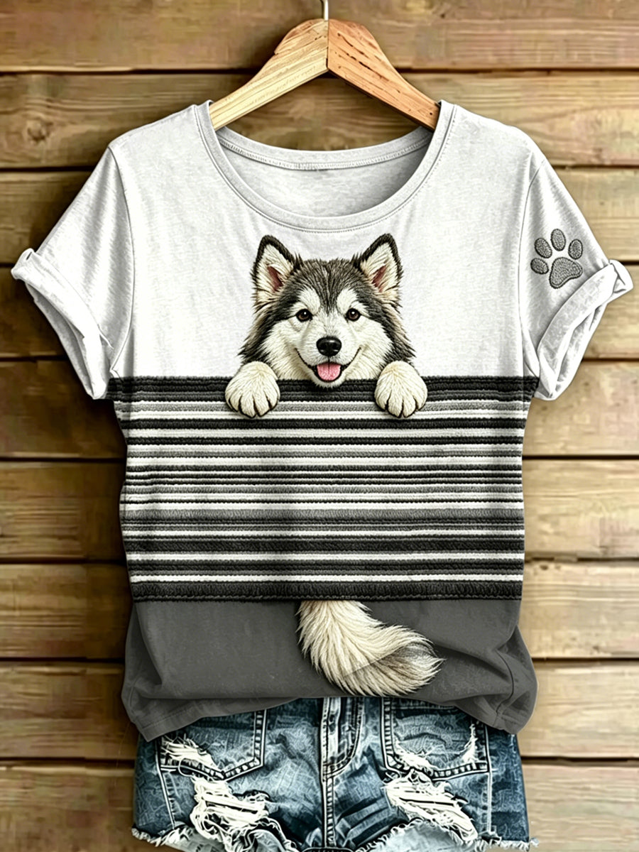 Damen Hunde streifen bedruckt Vintage Mode Lose Kurzarm T-Shirt