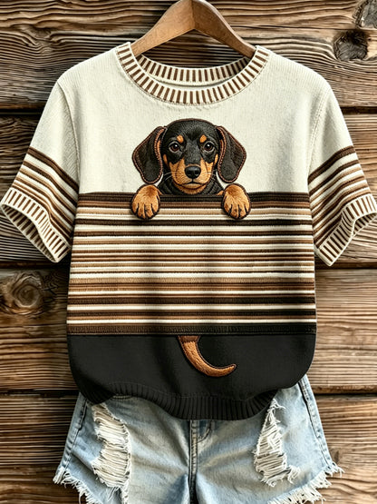 Damen-Hundestreifen bedrucktes Vintage-Mode-Lässiges Kurzarm-T-Shirt