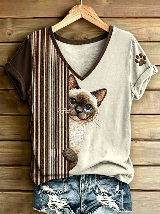 Damen-T-Shirt mit Tier- und Katzenstreifenmuster, im Vintage-Stil, modisch, locker geschnitten, kurze Ärmel