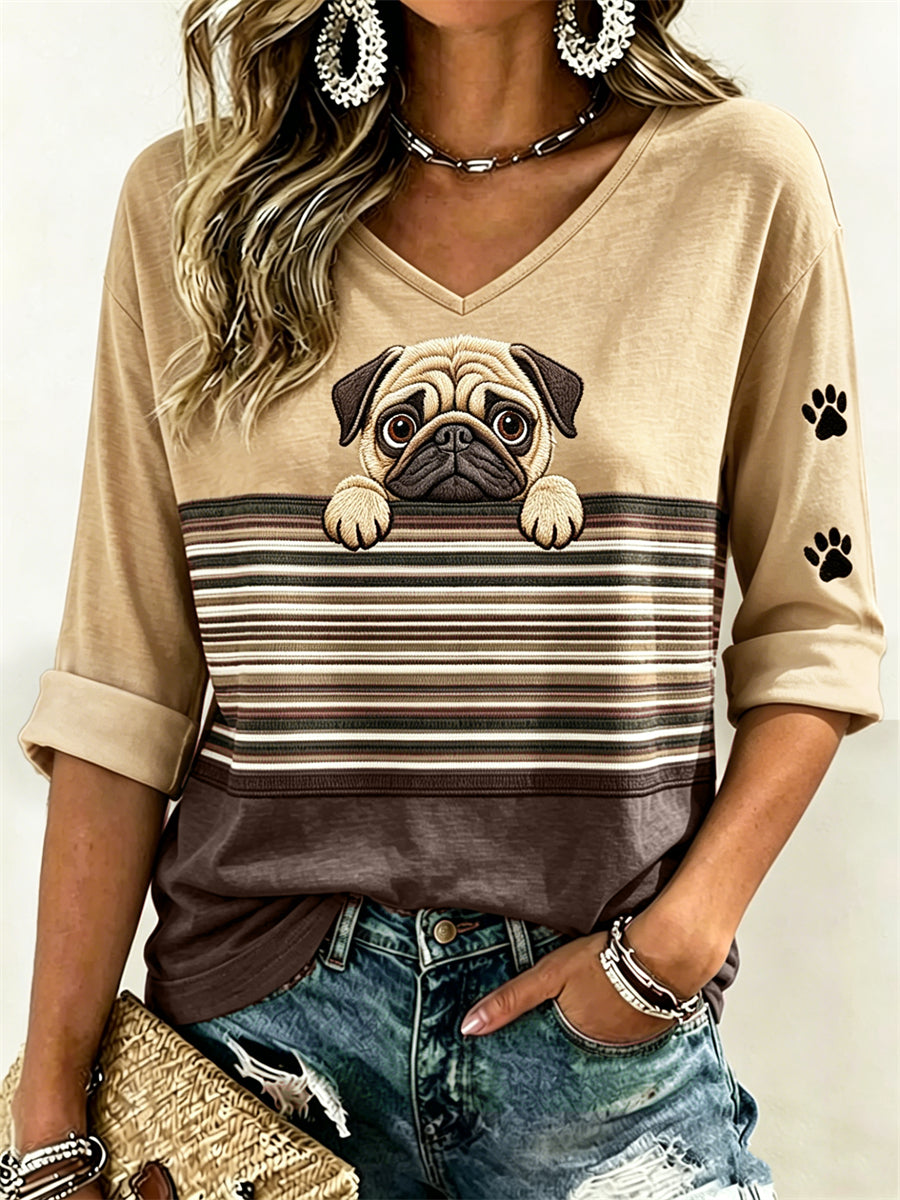 Damen Peeking Mops Hund & Pfote Drucke Color block Print Mittellange Ärmel V-Ausschnitt T-Shirt